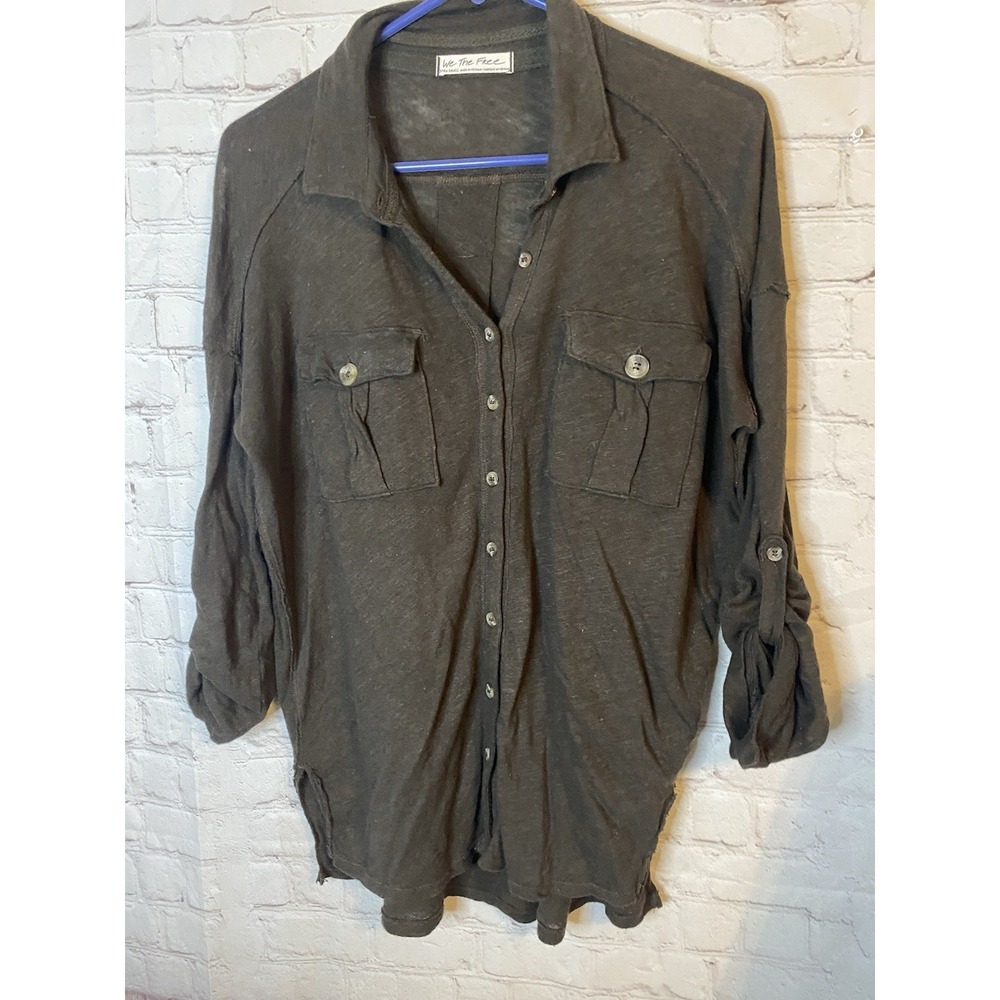We The Free Linen Blend 3/4 Sleeve Button Front Shirt Women's XS Brown